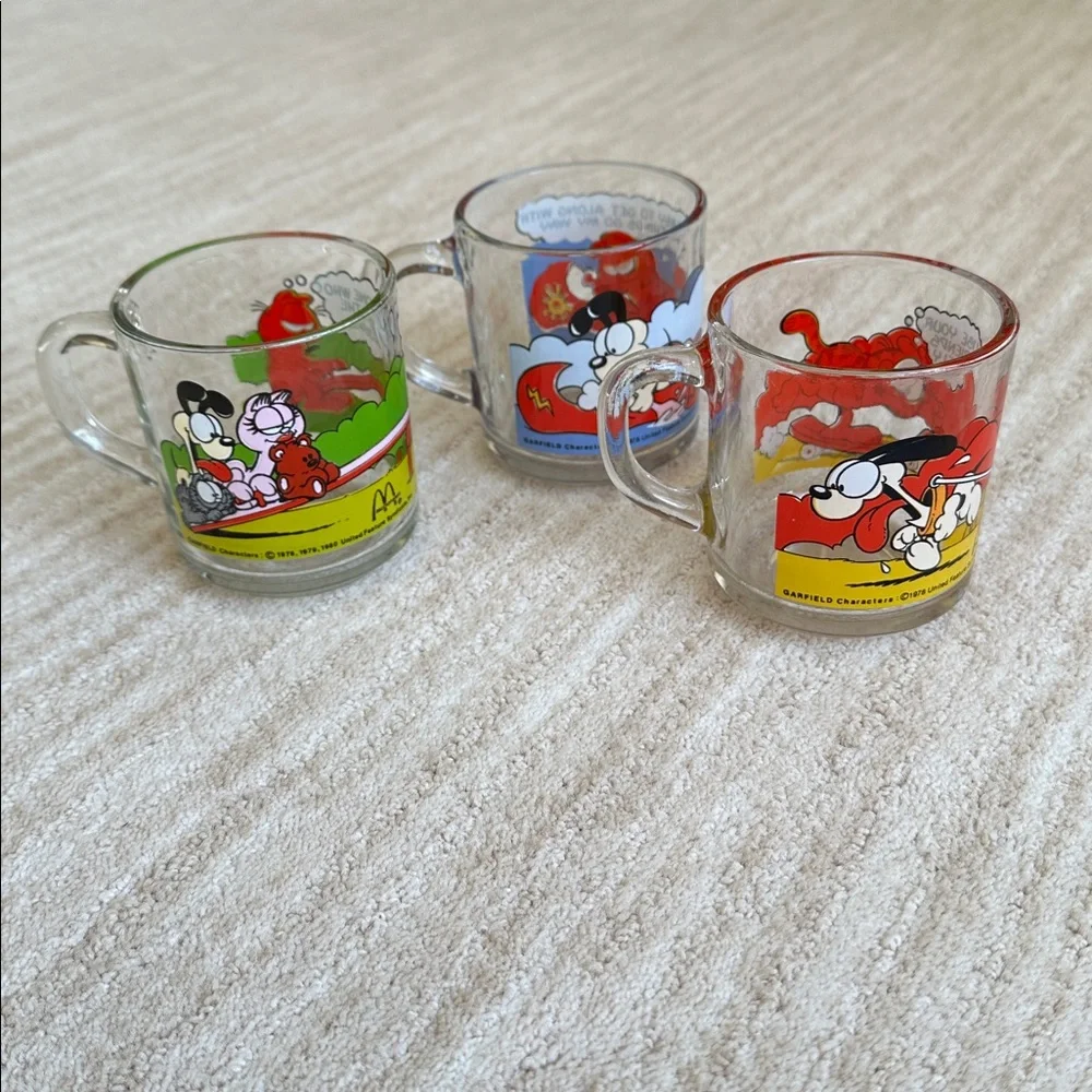 Set 3 McDonalds Garfield 1978 Clear Glass Mugs Cups Jim Davis Vintage McDonalds - Picture 7 of 16